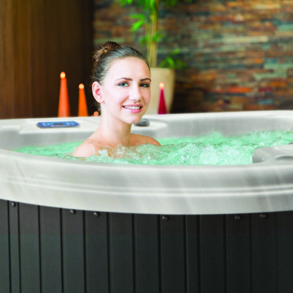 a woman in a hot tub