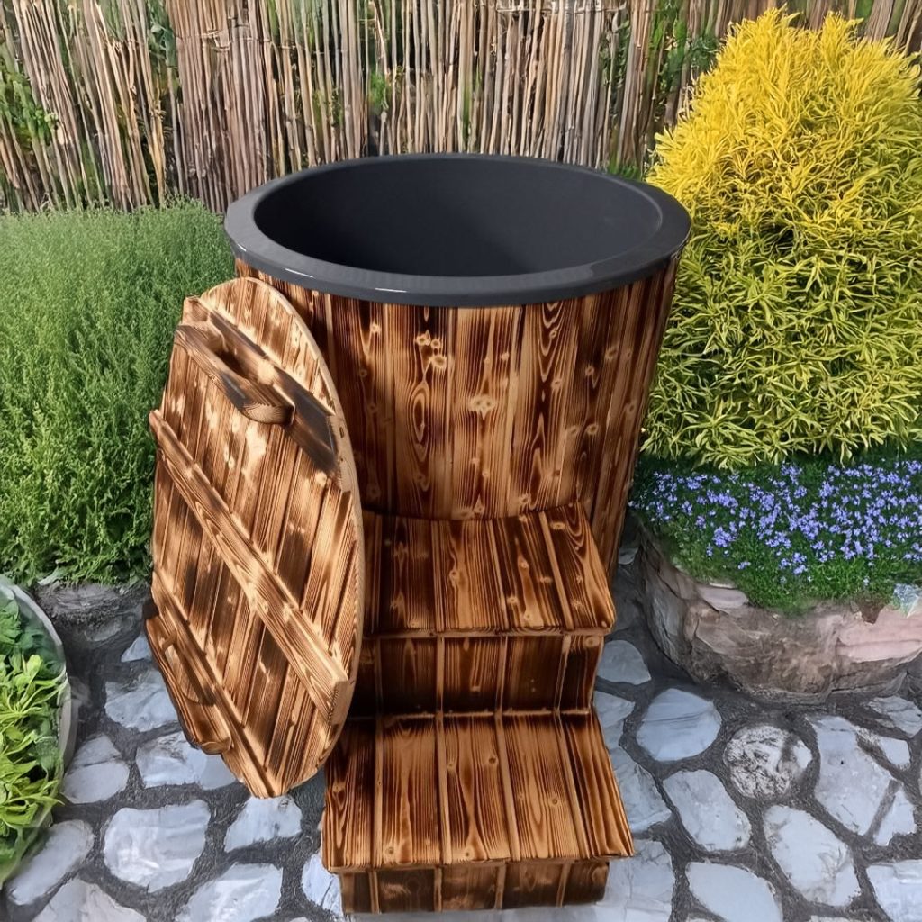 a wooden trash can with a lid