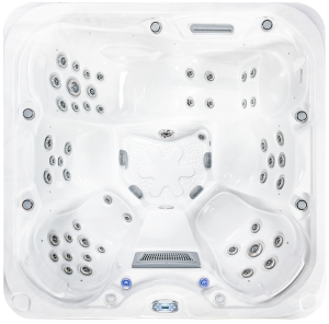 a large square hot tub with a black background